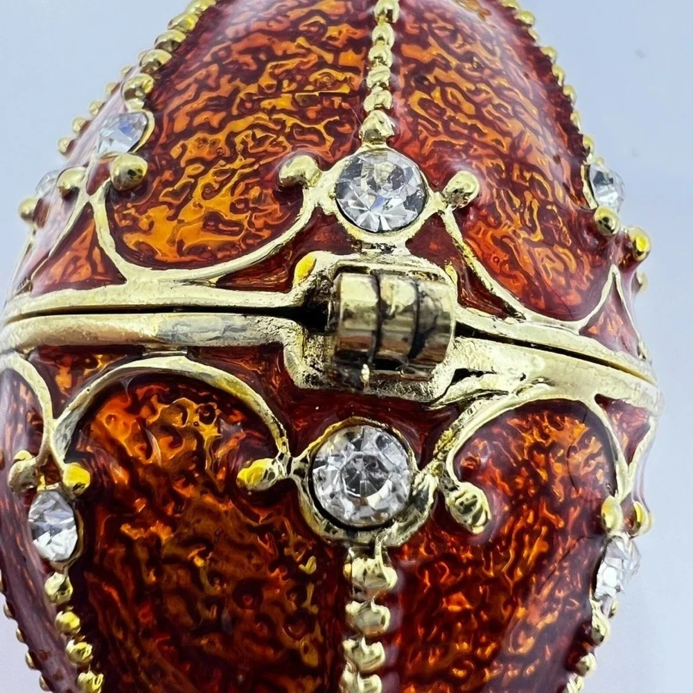 Orange & Gold Faberge-Egg Style Trinket Box With Rhinestones Crown Stones 2.5